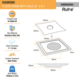 Diamond Square 304-Grade Floor Drain with Hole (6 x 6 Inches) - by Ruhe®