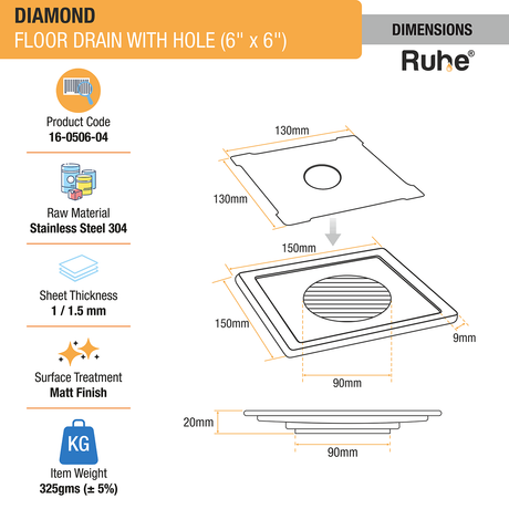 Diamond Square 304-Grade Floor Drain with Hole (6 x 6 Inches) - by Ruhe®