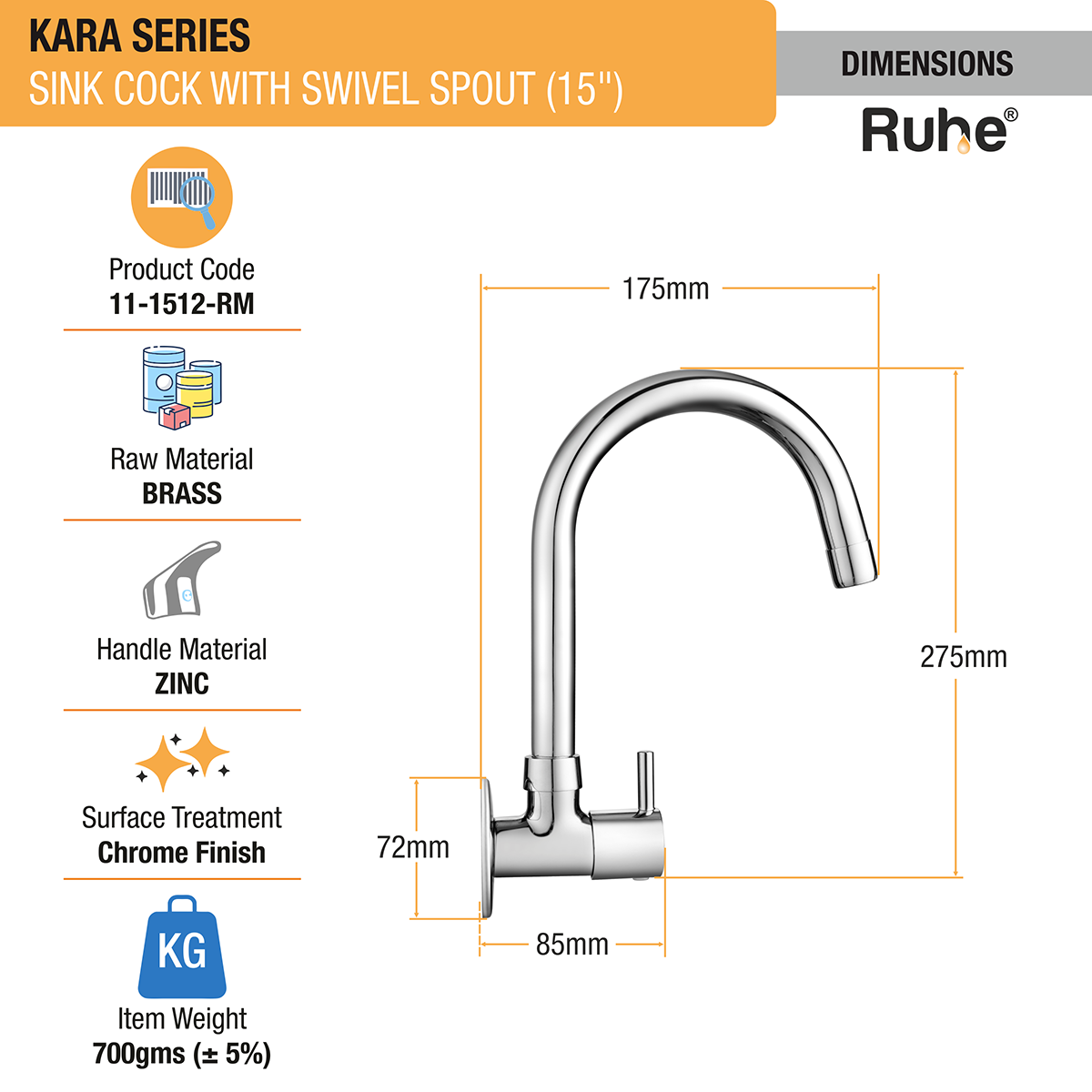 Kara Brass Kitchen Sink Tap with Medium (15 inches) Round Swivel Spout - by Ruhe®