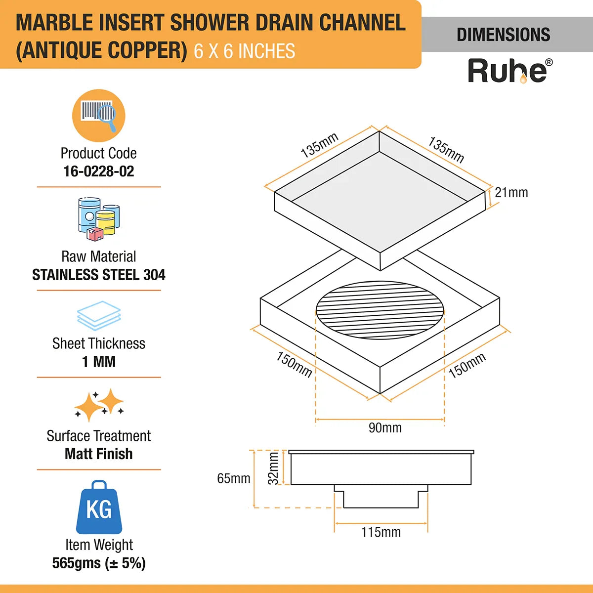 Marble-Insert Shower Drain Channel (6 x 6 Inches)