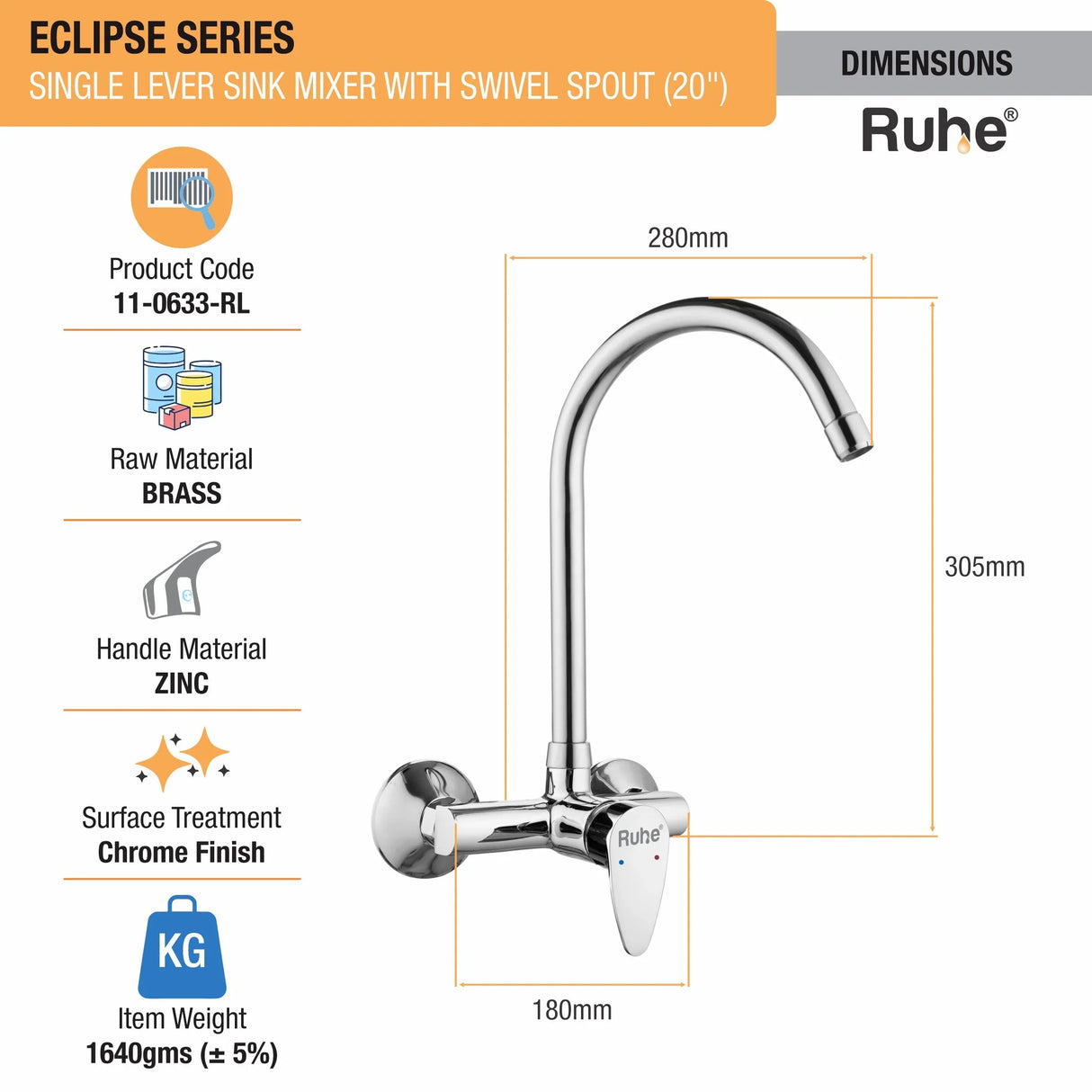 Eclipse Single Lever Wall-mount Kitchen Sink Mixer Tap with Swivel Spout