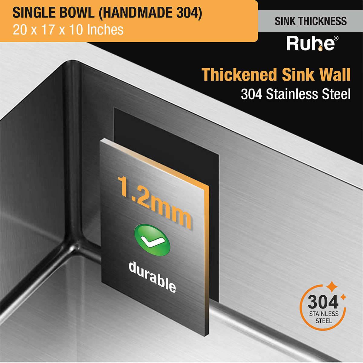 Handmade Single Bowl 304-Grade Kitchen Sink (20 x 17 x 10 Inches) steel sink thickness