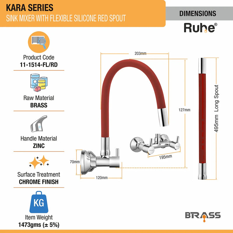 Kara Sink Mixer Brass Faucet with Silicone Red Flexible Spout - by Ruhe