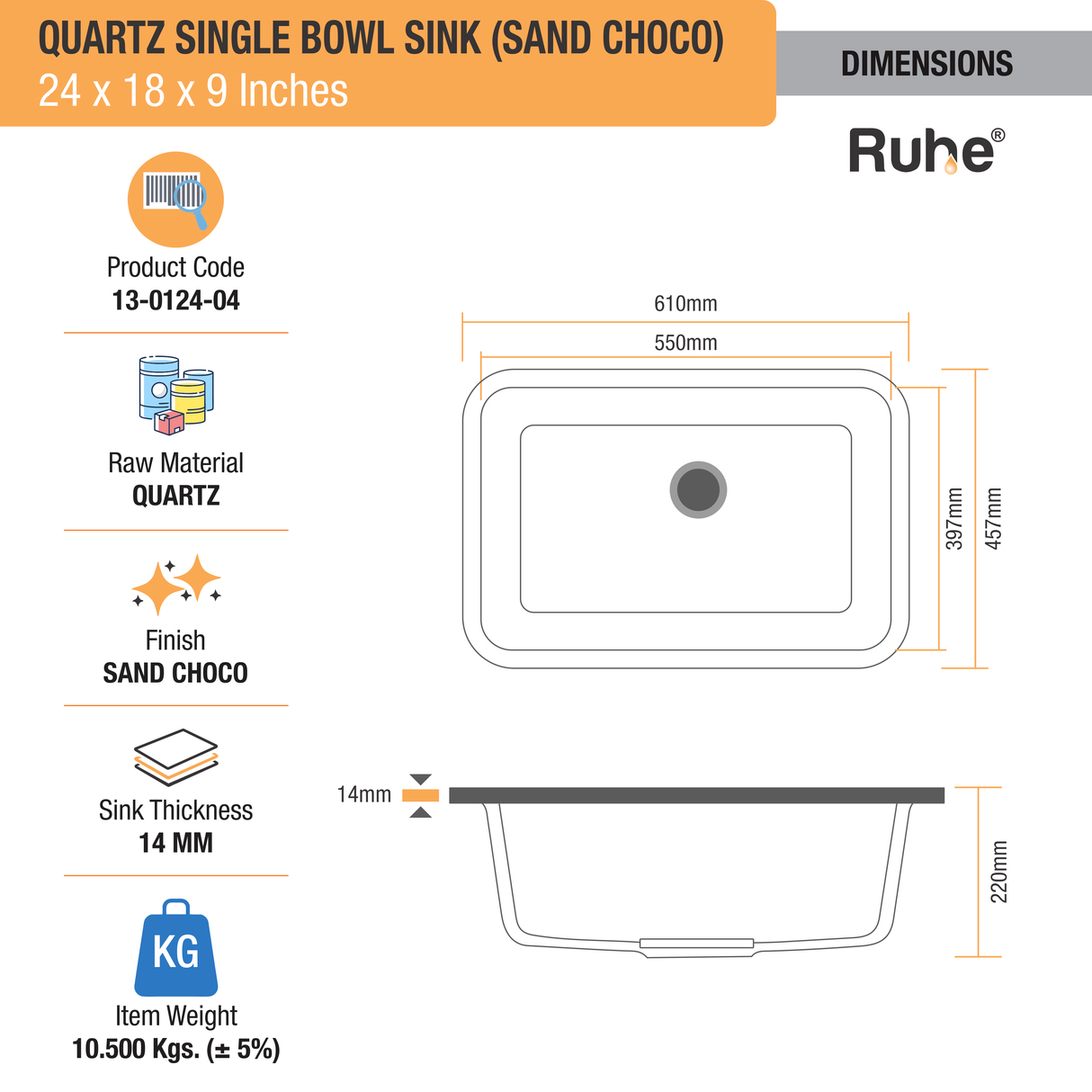 Sand Choco Quartz Single Bowl Kitchen Sink  (24 x 18 x 9 inches) - by Ruhe