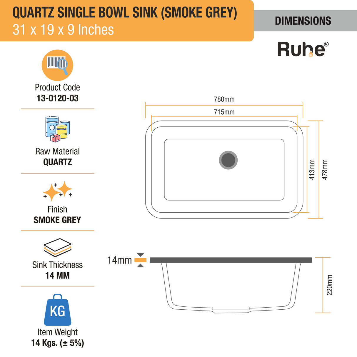 Smoke Grey Quartz Single Bowl Kitchen Sink  (31 x 19 x 9 inches) - by Ruhe