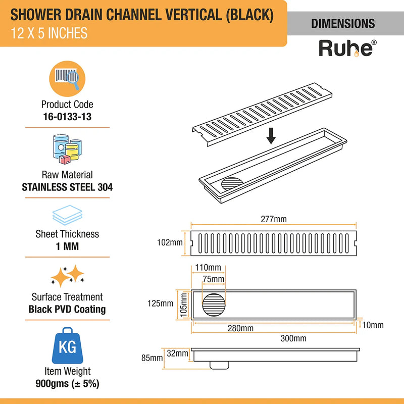 Vertical Shower Drain Channel (12 x 5 Inches) Black PVD Coated - by Ruhe