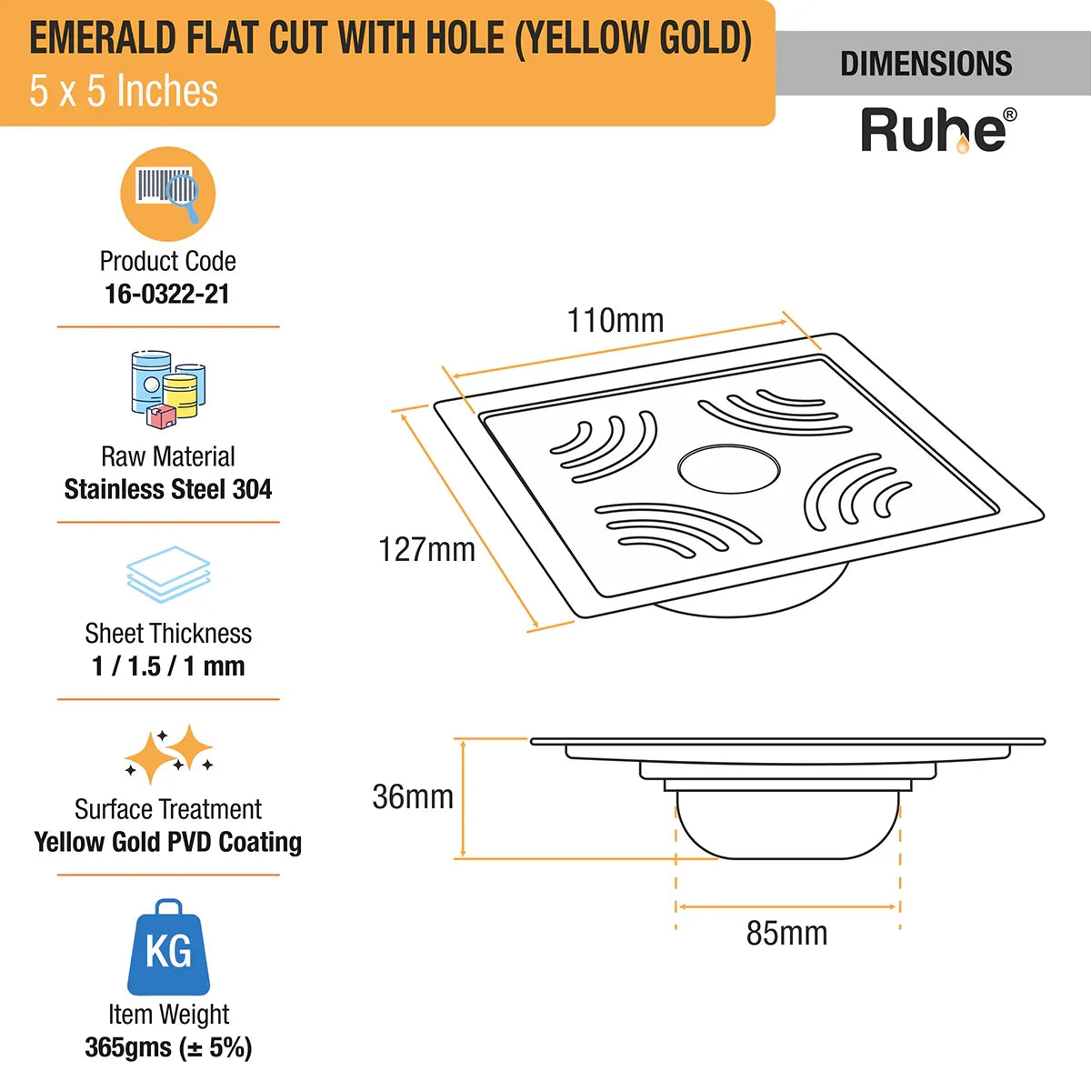 Emerald Square Flat Cut Floor Drain in Yellow Gold PVD Coating (5 x 5 Inches) with Hole - by Ruhe