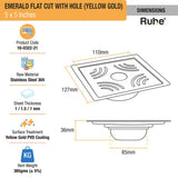 Emerald Square Flat Cut Floor Drain in Yellow Gold PVD Coating (5 x 5 Inches) with Hole dimensions and sizes