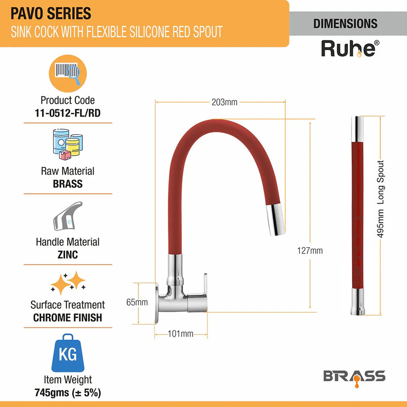 Pavo Brass Sink Tap with Silicone Red Flexible Spout dimensions and sizes