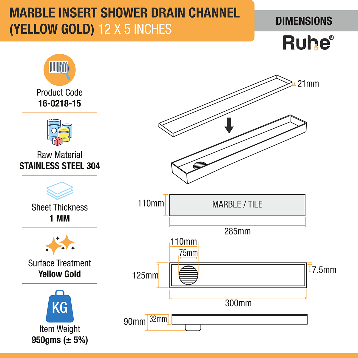 Marble Insert Shower Drain Channel (12 x 5 Inches) YELLOW GOLD PVD Coated dimensions and sizes