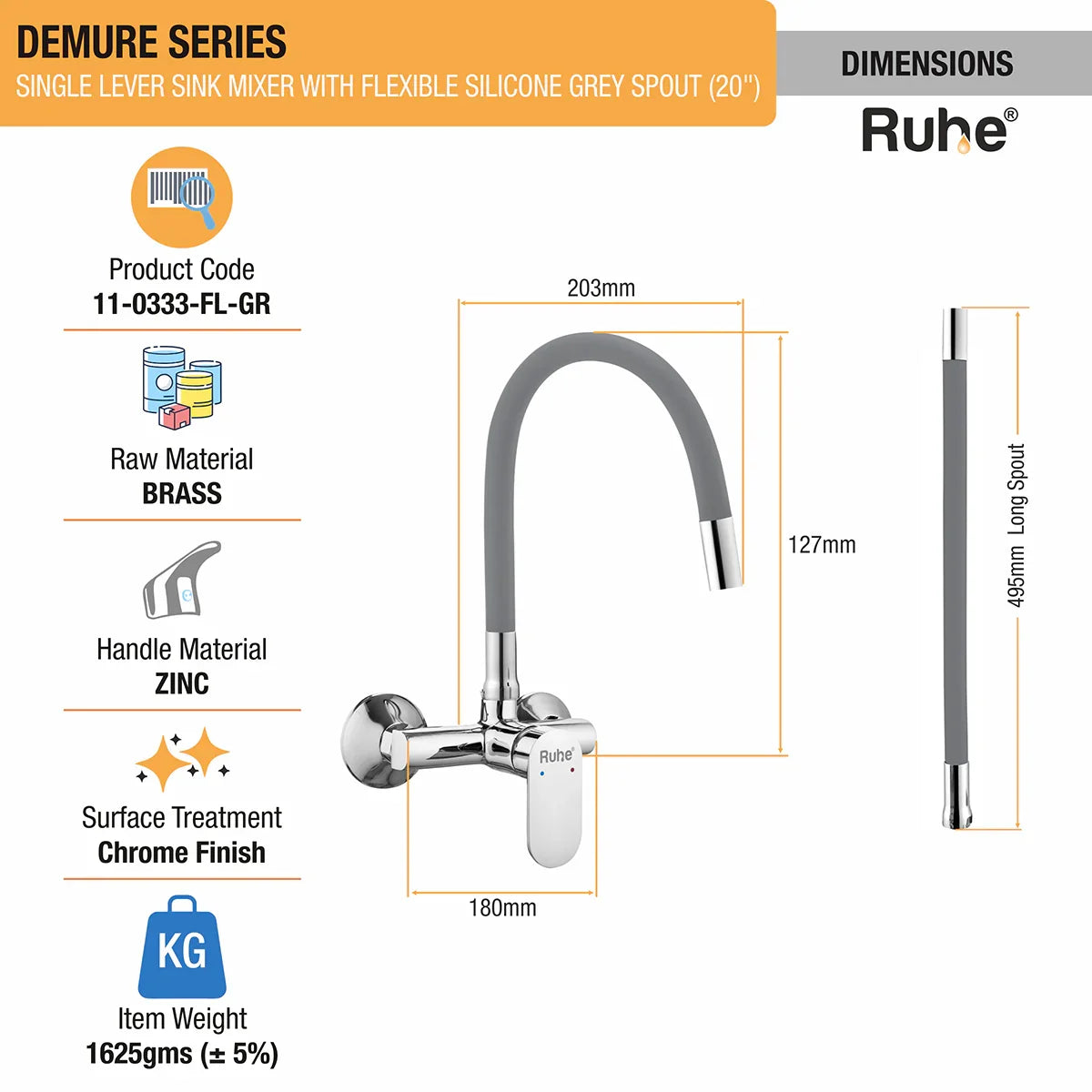 Demure Single Lever Wall-mount Kitchen Sink Mixer Tap with Coloured Silicone Spout