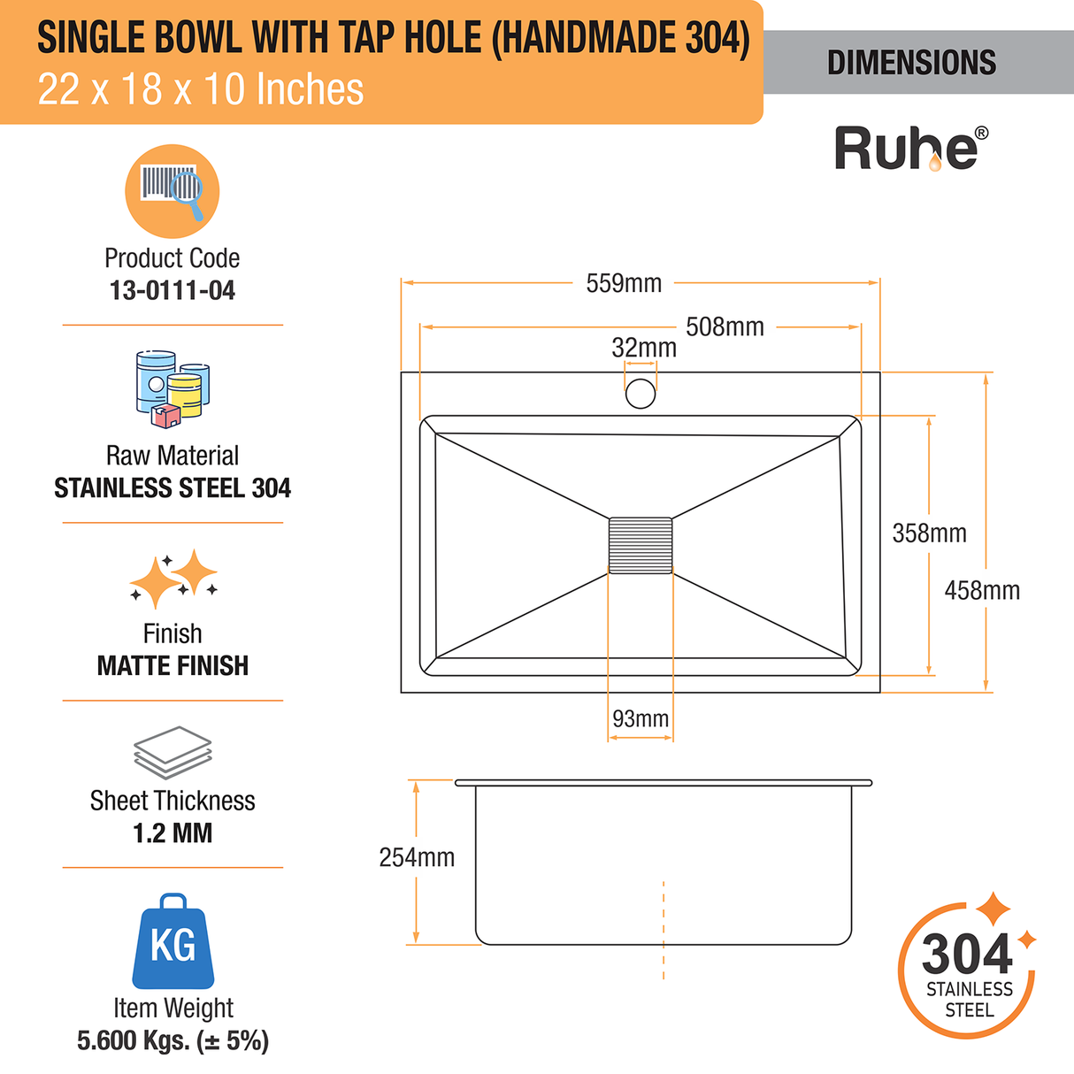 Handmade Single Bowl 304-Grade Kitchen Sink  with Tap Hole (22 x 18 x 10 Inches) - by Ruhe