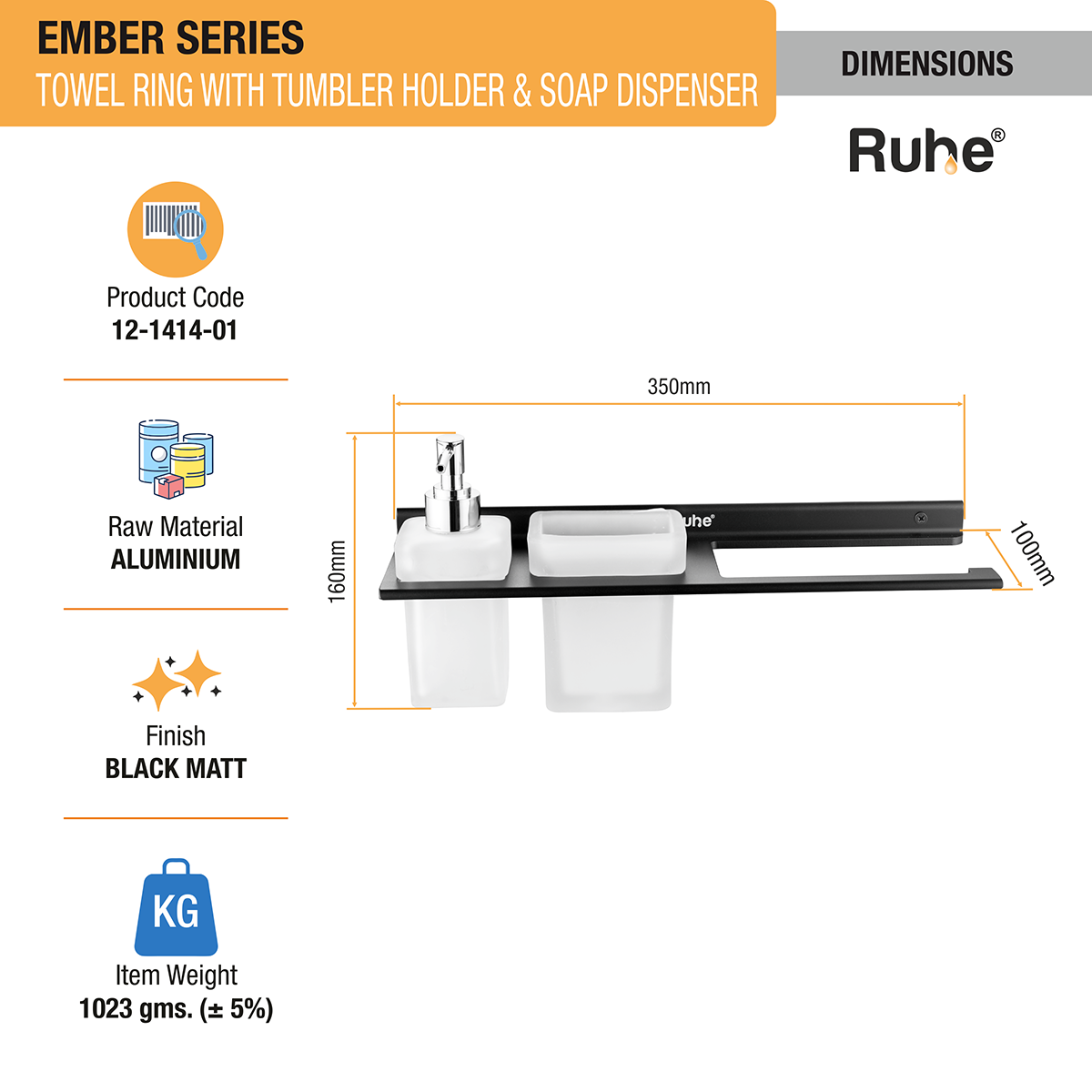 Ember Towel Ring with Tumbler Holder & Soap Dispenser (Space Aluminium) dimensions and sizes