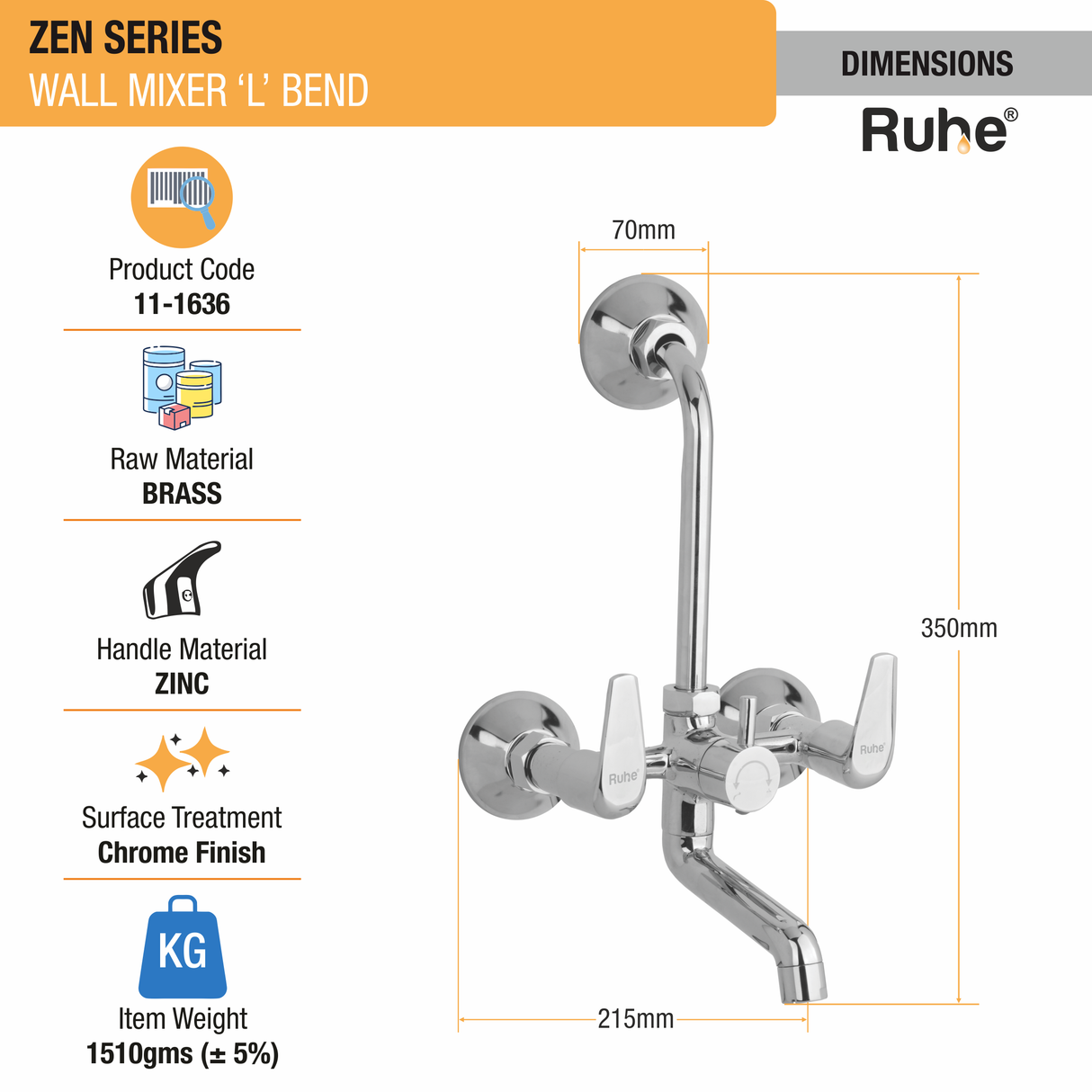 Zen Wall Mixer Tap with L Bend Pipe - by Ruhe