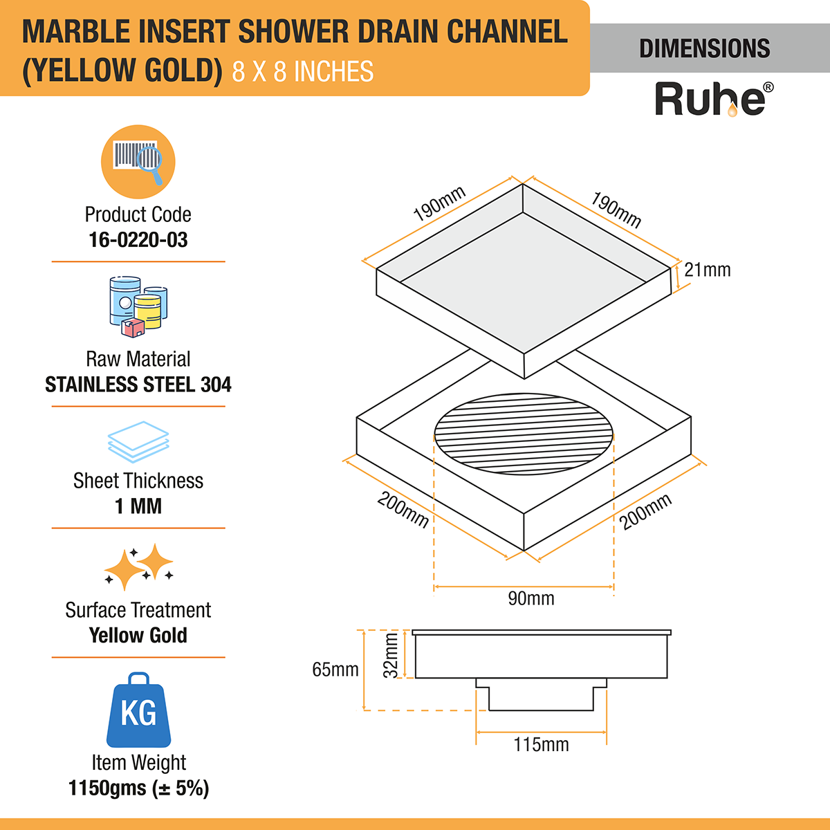 Marble Insert Shower Drain Channel (8 x 8 Inches) YELLOW GOLD PVD Coated dimensions and sizes