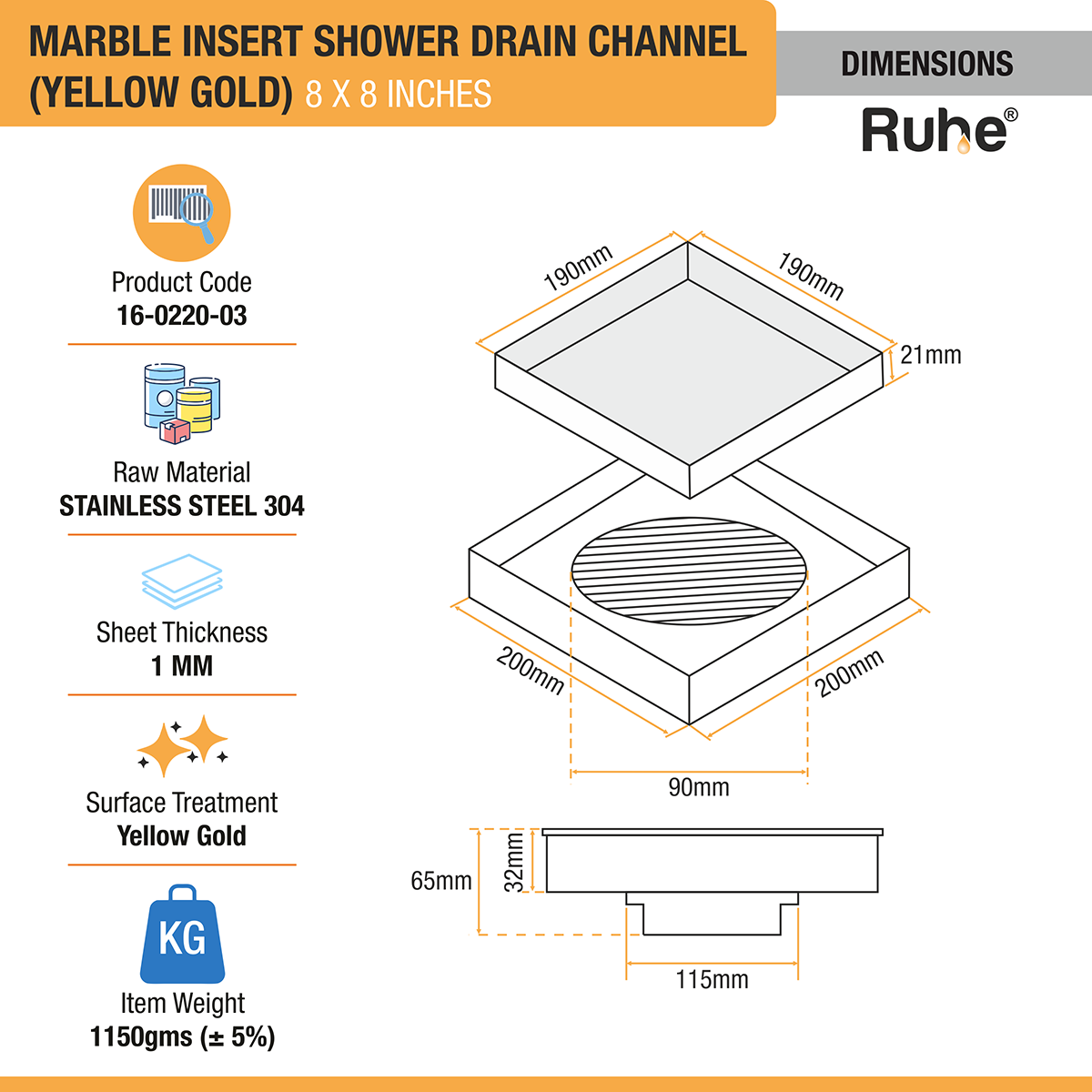 Marble Insert Shower Drain Channel (8 x 8 Inches) YELLOW GOLD PVD Coated - by Ruhe®