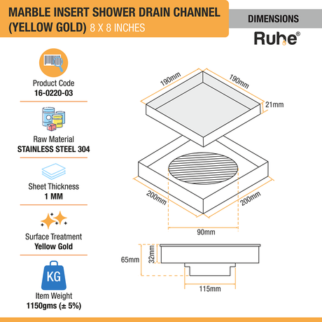 Marble Insert Shower Drain Channel (8 x 8 Inches) YELLOW GOLD PVD Coated dimensions and sizes