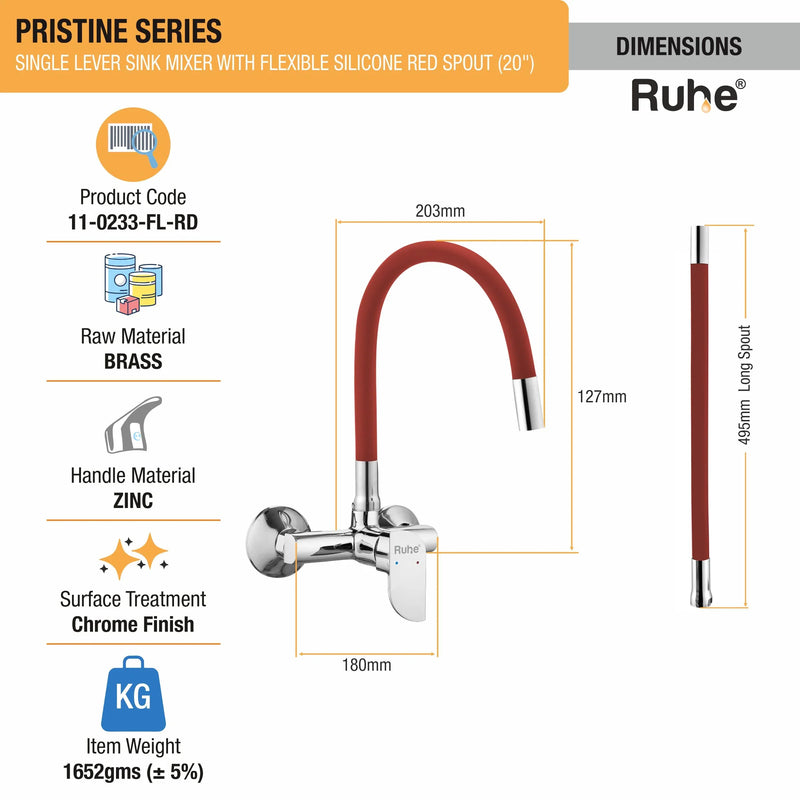 Pristine Single Lever Wall-mount Kitchen Sink Mixer Tap with Coloured Silicone Spout