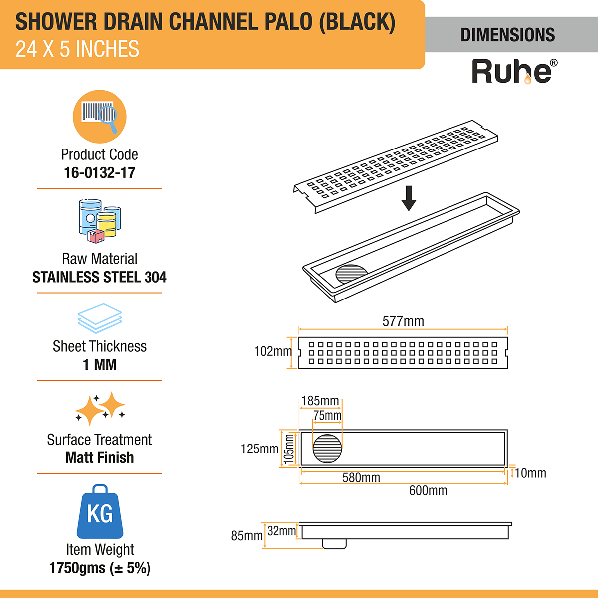 Palo Shower Drain Channel (24 x 5 Inches) Black PVD Coated - by Ruhe®