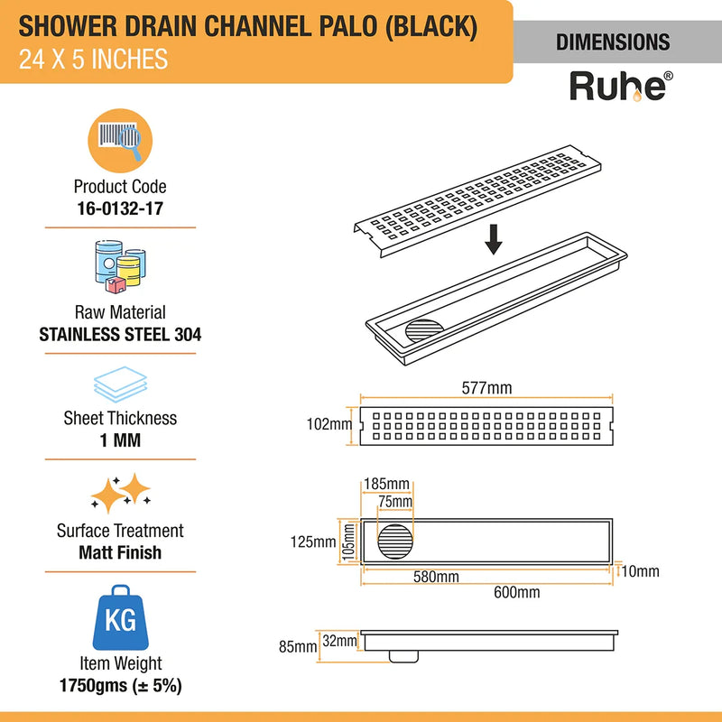 Palo Shower Drain Channel (24 x 5 Inches) Black PVD Coated - by Ruhe