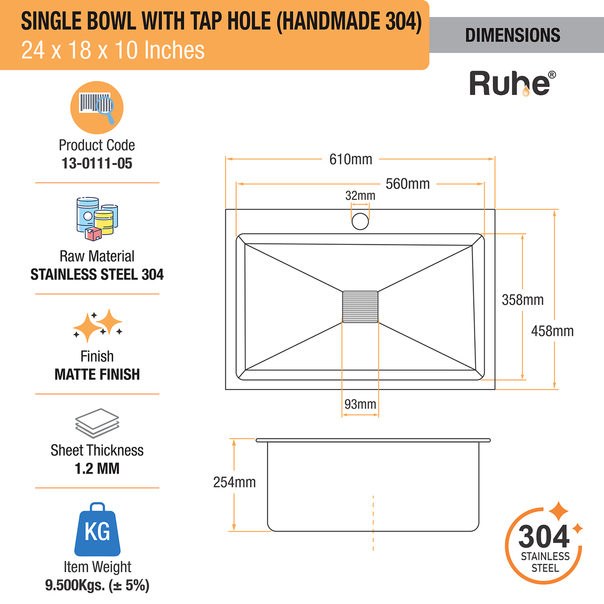 Handmade Single Bowl 304-Grade Kitchen Sink  with Tap Hole (24 x 18 x 10 Inches) - by Ruhe