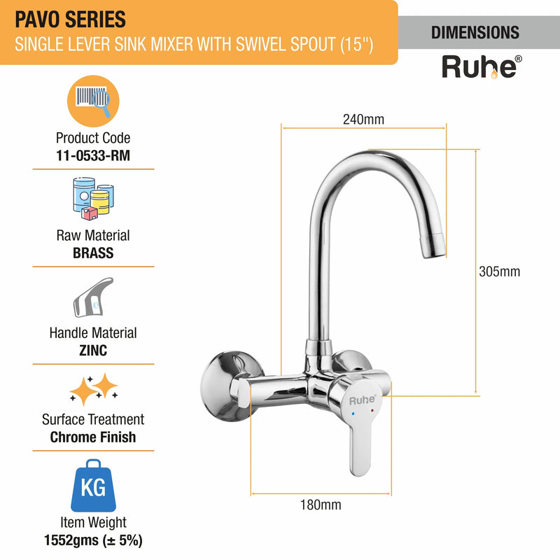 Pavo Single Lever Wall-mount Kitchen Sink Mixer Tap with Swivel Spout