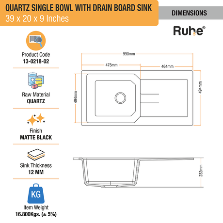 Quartz Single Bowl with Drainboard Kitchen Sink - Matte Black (39 x 20 x 9 inches) - by Ruhe®