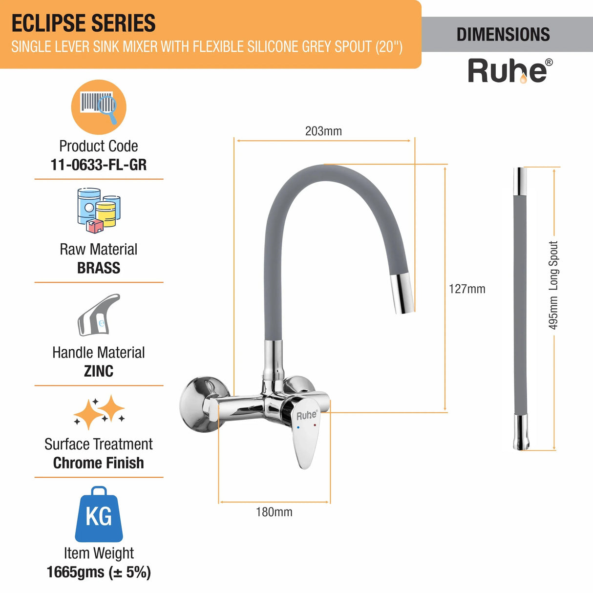 Eclipse Single Lever Wall-mount Kitchen Sink Mixer Tap with Coloured Silicone Spout