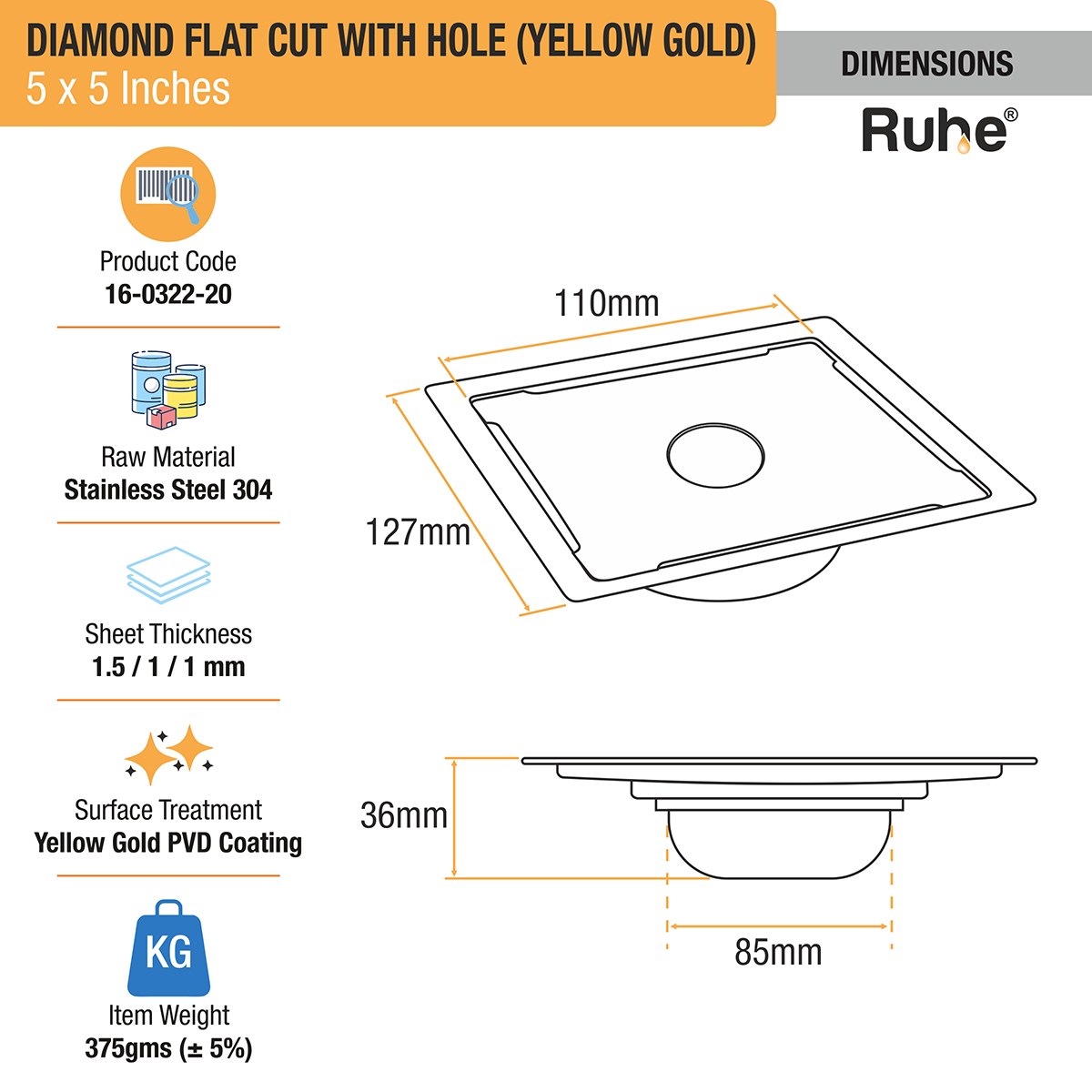 Diamond Square Flat Cut Floor Drain in Yellow Gold PVD Coating (5 x 5 Inches) with Hole dimensions and sizes