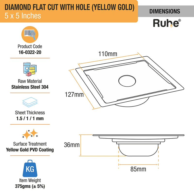 Diamond Square Flat Cut Floor Drain in Yellow Gold PVD Coating (5 x 5 Inches) with Hole - by Ruhe