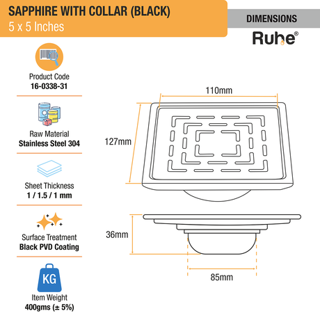 Sapphire Square 304-Grade Floor Drain in Black PVD Coating (5 x 5 Inches) dimensions and sizes