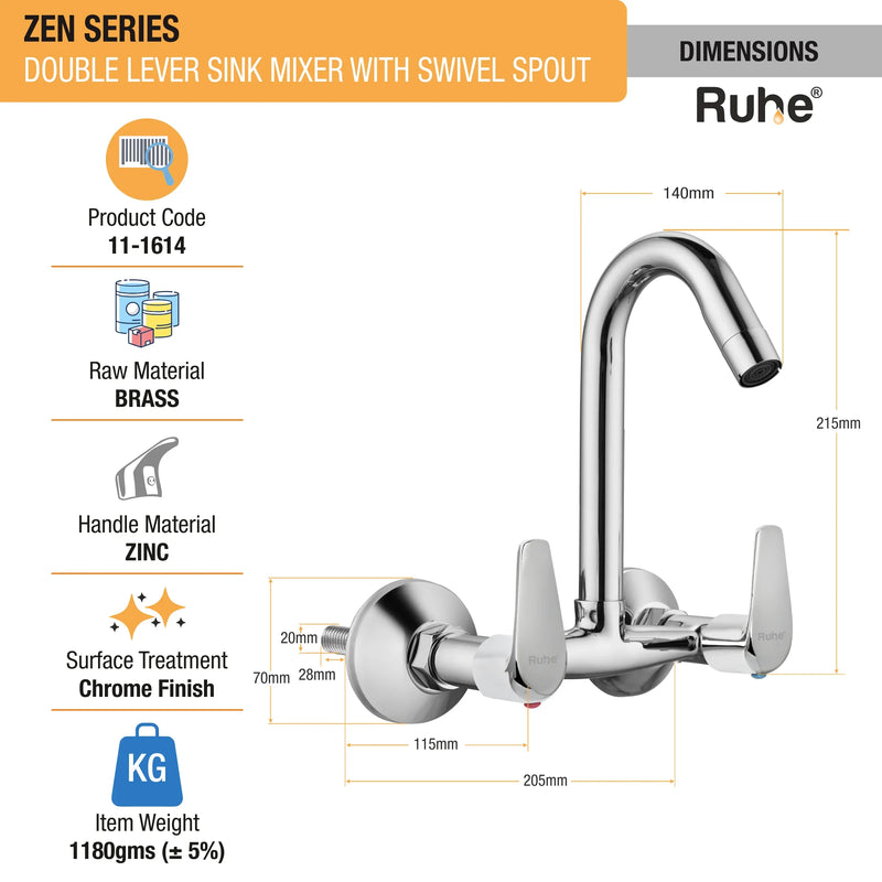Zen Wall Mount Kitchen Sink Mixer Tap with Small Swivel Spout
