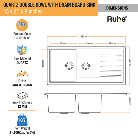 Quartz Double Bowl with Drainboard Kitchen Sink - Matte Black (45 x 20 x 9 inches) Dimension