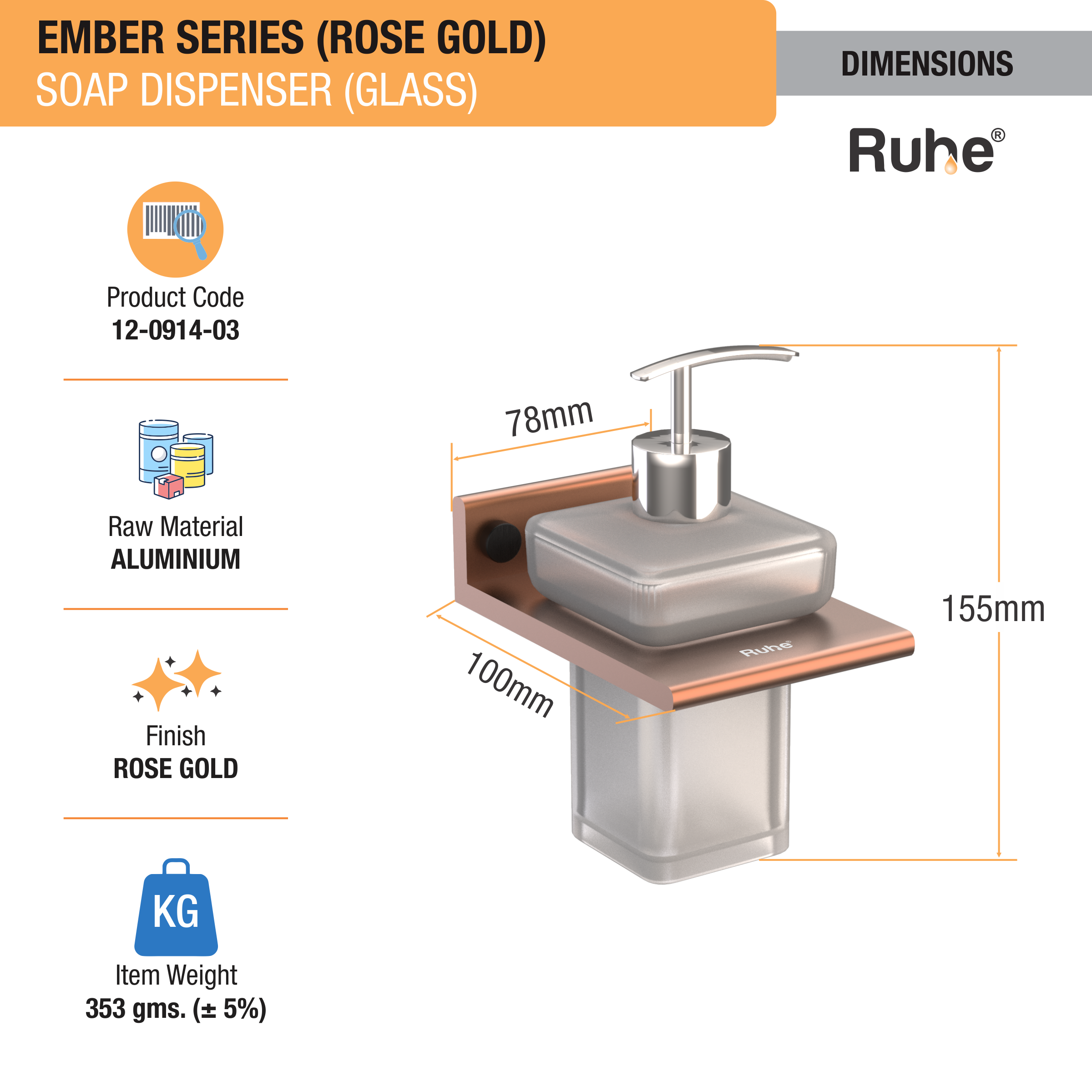Ember Rose Gold Liquid Soap Dispenser (Space Aluminium) dimensions and sizes