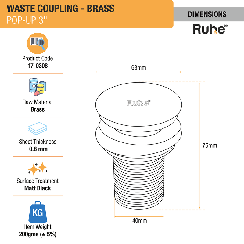 Pop-up Waste Coupling in Matte Black PVD Coating (3 Inches) - by Ruhe