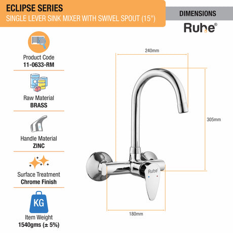 Eclipse Single Lever Wall-mount Brass Mixer Faucet with Swivel Spout (15 Inches) - by Ruhe®