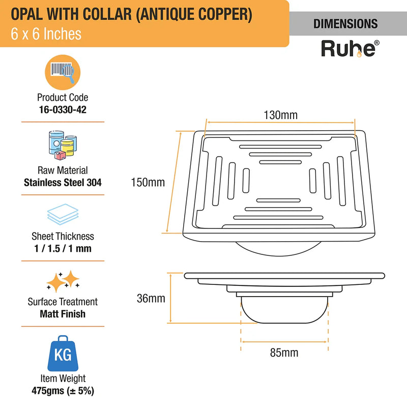 Opal Square Flat Cut Floor Drain in Antique Copper PVD Coating (6 x 6 Inches) - by Ruhe
