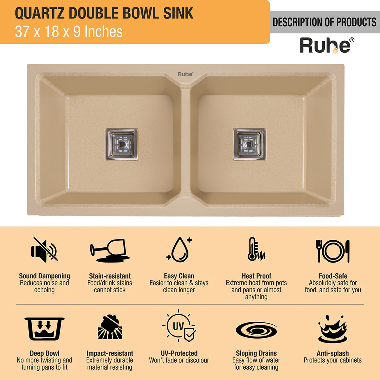 Quartz Double Bowl Kitchen Sink - Sand Choco (37 x 18 x 9 inches) - by Ruhe