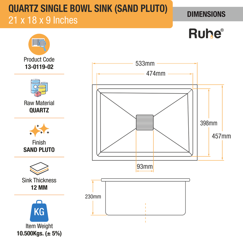 Quartz Single Bowl Kitchen Sink (21 x 18 x 9 Inches)