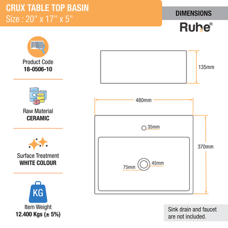 Crux Table Top Wash Basin (White) - by Ruhe®