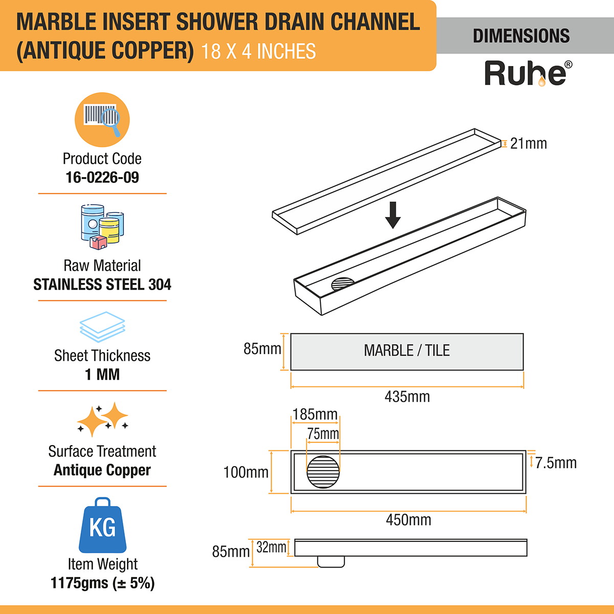 Marble Insert Shower Drain Channel (18 x 4 Inches) ROSE GOLD PVD Coated dimensions and sizes