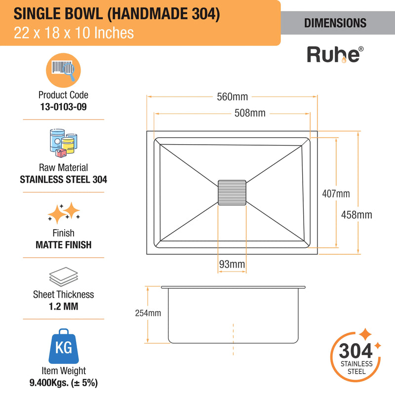 Handmade Single Bowl Kitchen Sink (22 x 18 x 10 Inches)