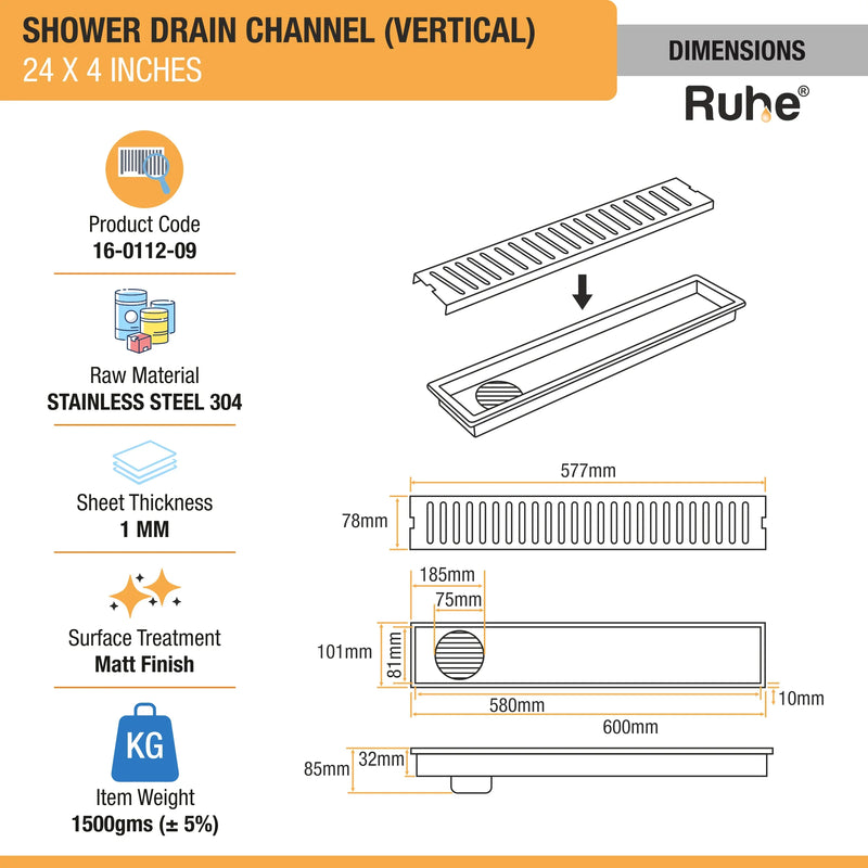 Vertical Shower Drain Channel (4 Inches)