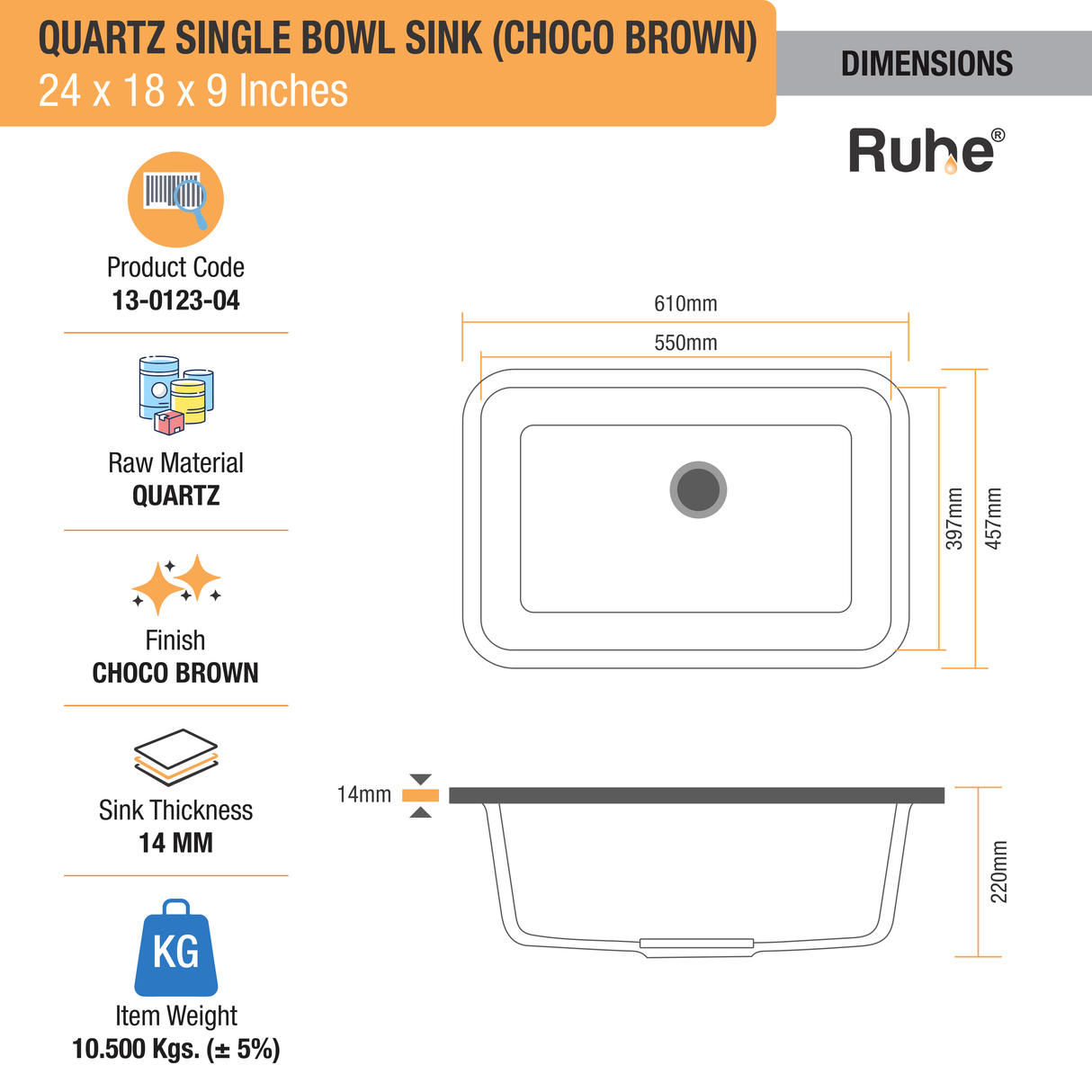 Choco Brown Quartz Single Bowl Kitchen Sink  (24 x 18 x 9 inches) - by Ruhe