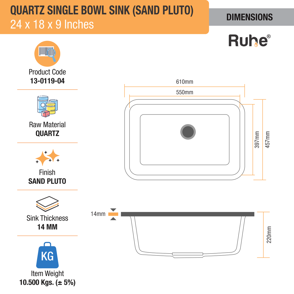 Sand Pluto Quartz Single Bowl Kitchen Sink  (24 x 18 x 9 inches) - by Ruhe