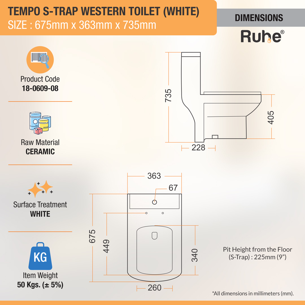 Tempo Western Toilet / Commode (White) (One-piece EWC) - by Ruhe