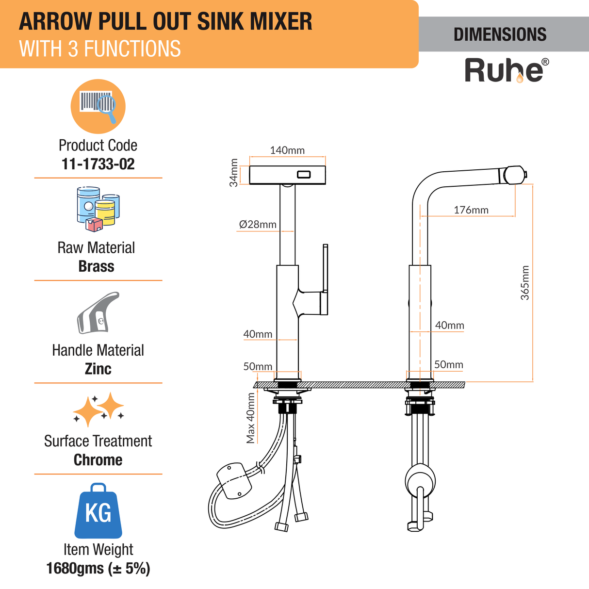 Arrow Pull-out Single Lever Table Mount Sink Mixer Faucet with Triple Flow  - by Ruhe