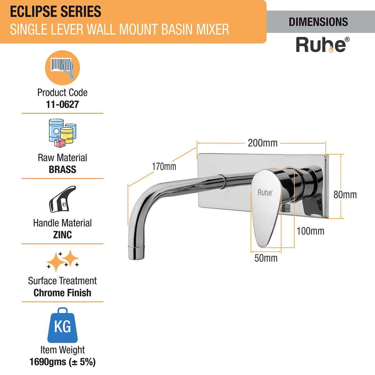 Eclipse Single Lever Wall Mixer Faucet Dimensions