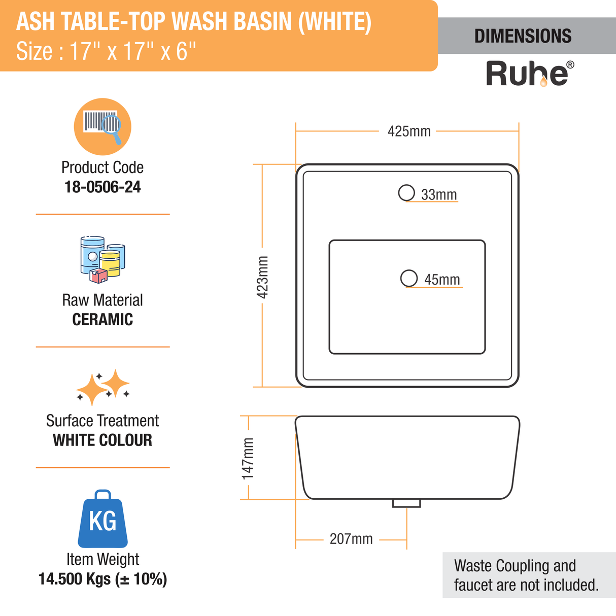 Ash Table Top Wash Basin (White) - by Ruhe