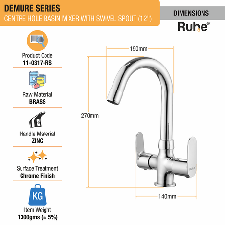 Demure Centre Hole Basin Mixer Brass Faucet with Small (12 inches) Round Swivel Spout - by Ruhe®